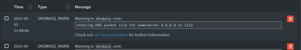 Warning in dnsmasq core:
reducing DNS packet size for nameserver 8.8.8.8 to 1232