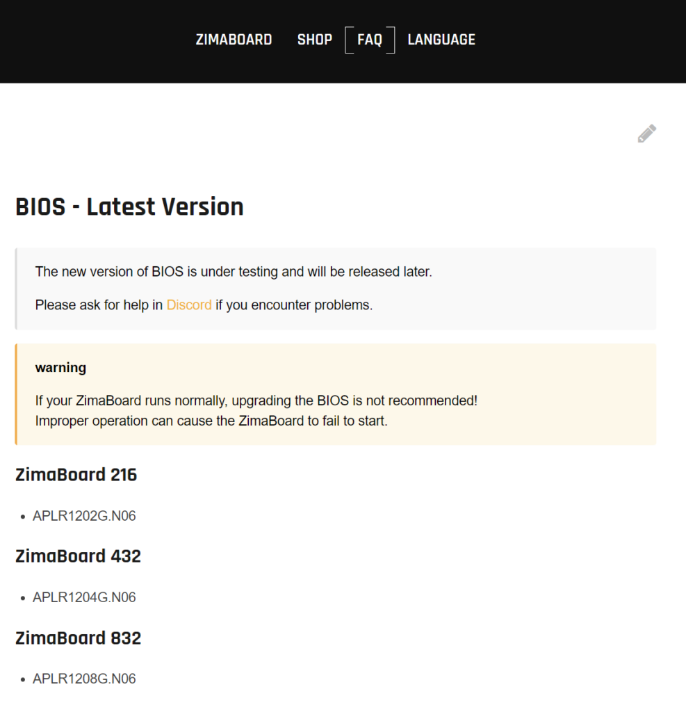 Zimaboard Ausschnitt Website für BIOS Update vom 27.03.2023