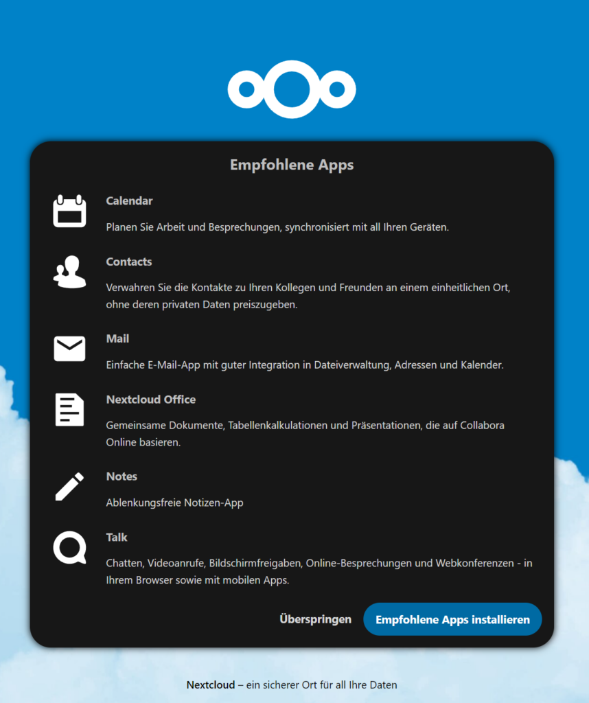 Empfohlene Nextcloud Apps installieren
